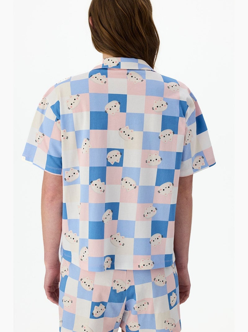 Cuteness pyjamaset met ruitmotief, kort mouw overhemd en short penti Blauw Roze Wit - Kiabi