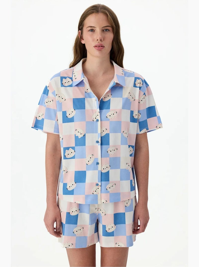 Cuteness pyjamaset met ruitmotief, kort mouw overhemd en short penti Blauw Roze Wit - Kiabi