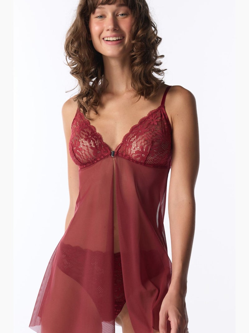 Dames babydoll van kant penti Bordeauxrood - Kiabi