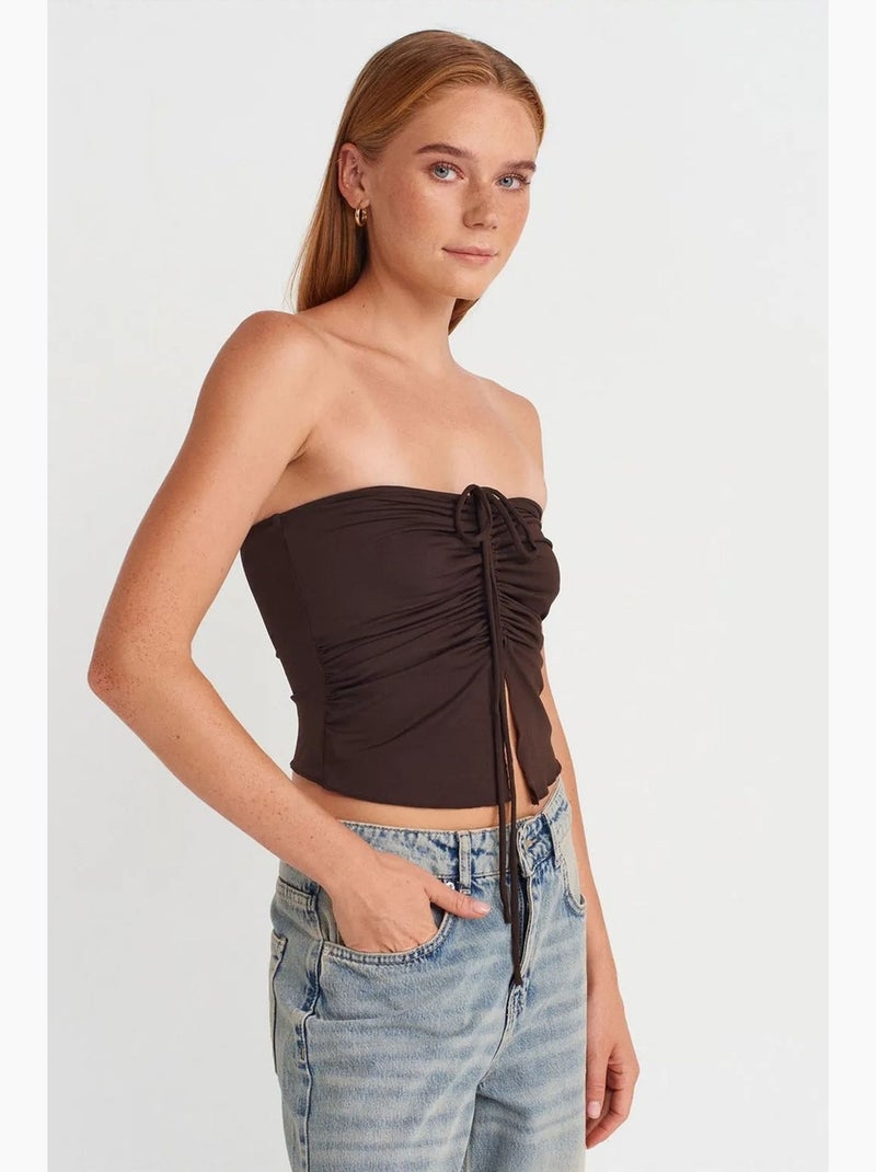 Dames bandeautop, kort, met strikdetail dilvin Chocoladebruin - Kiabi