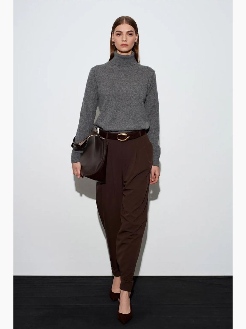 Dames broek met hoge taille en wijde pijp dilvin Chocoladebruin - Kiabi