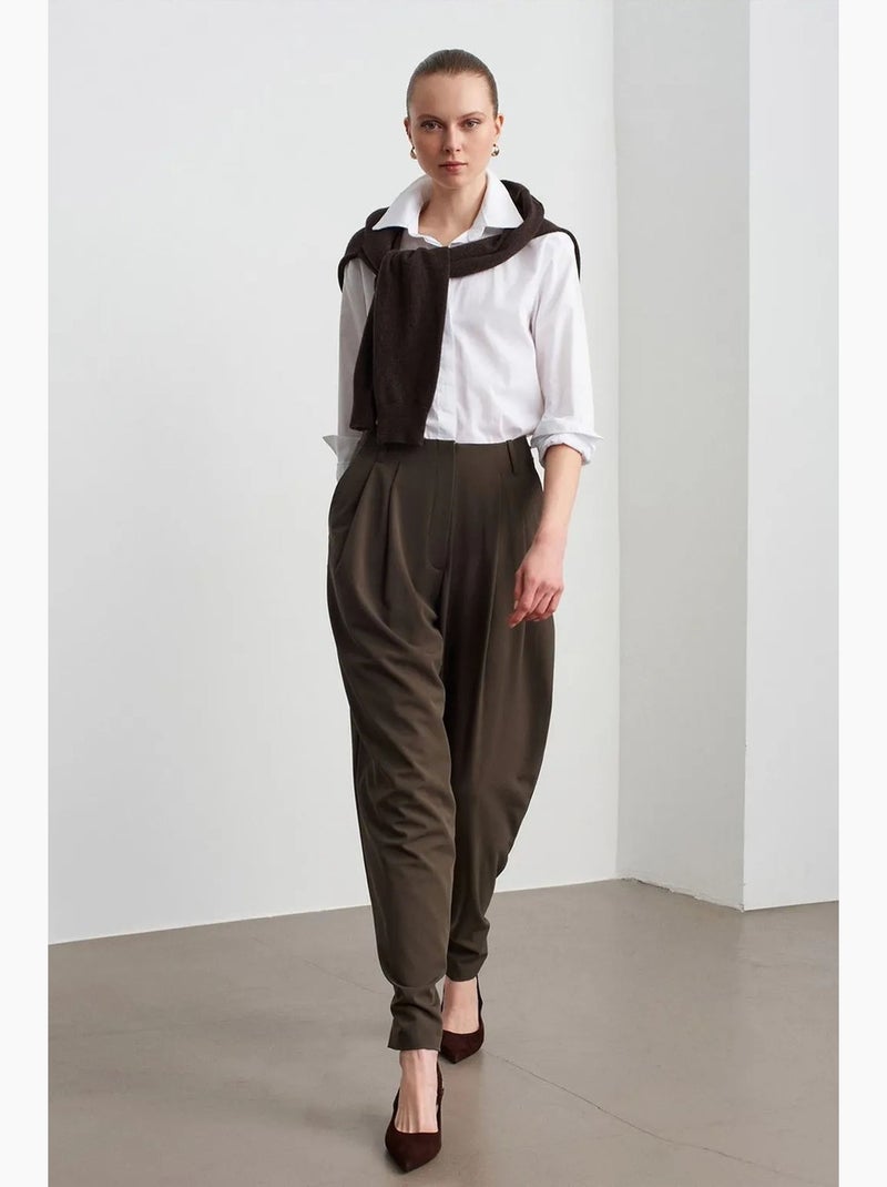 Dames broek met hoge taille en wijde pijp dilvin Kakigroen - Kiabi