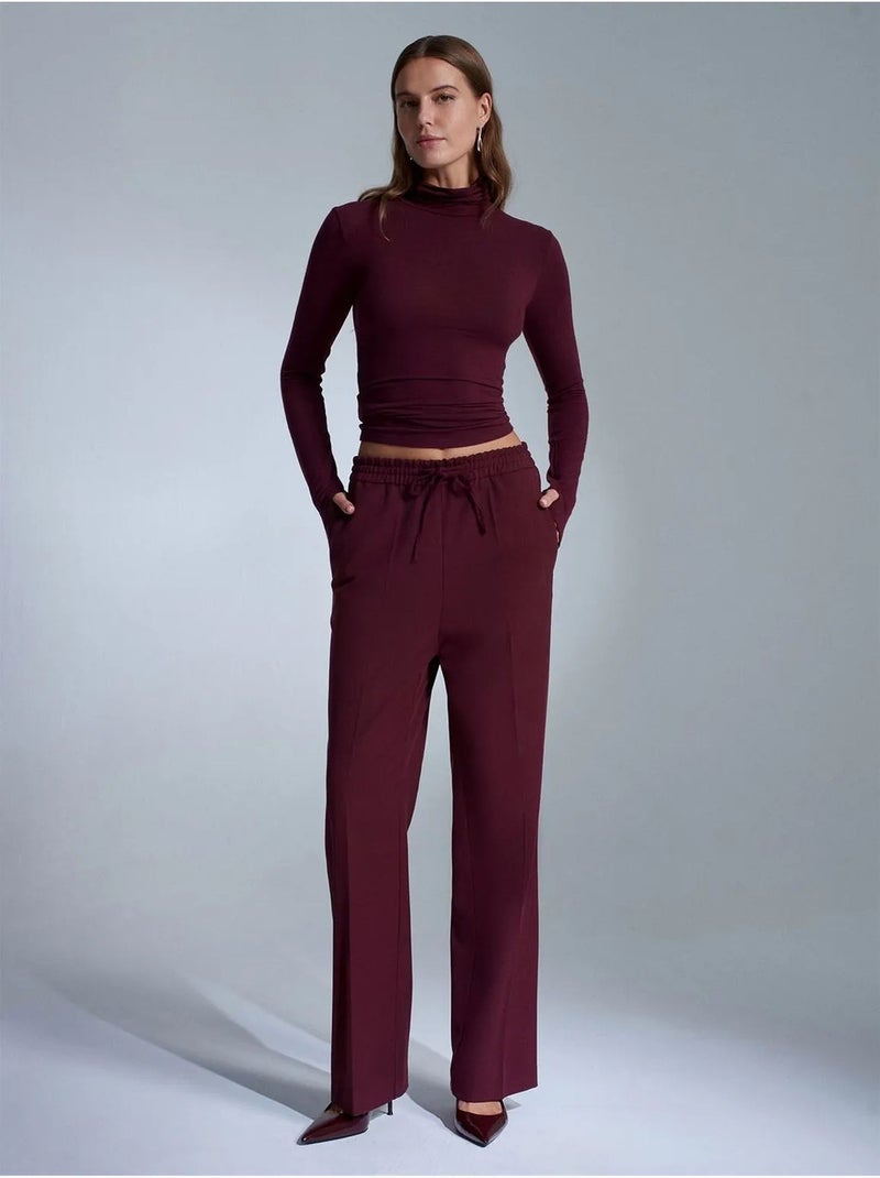 Dames broek met rechte pijp van crêpe dilvin Bordeauxrood - Kiabi