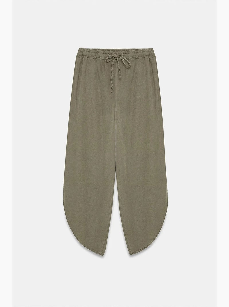 Dames broek van tencel crêpe met wijde pijp en split dilvin Kaki - Kiabi