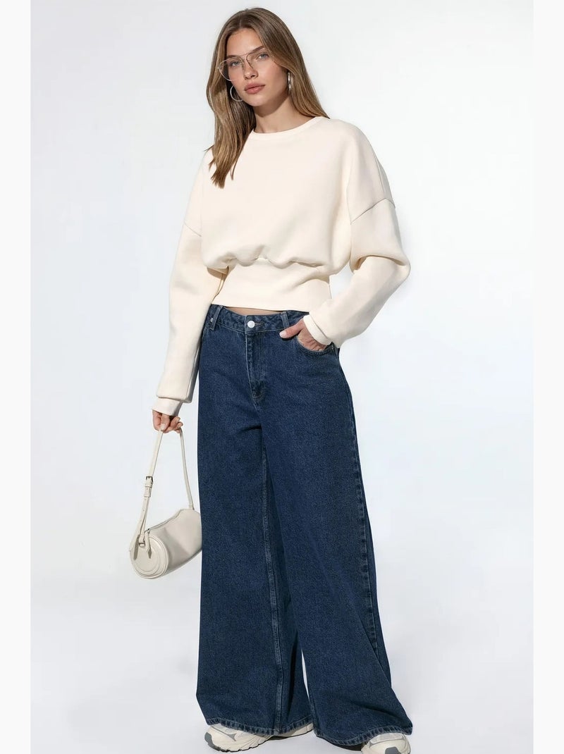 Dames crop sweatshirt met ronde hals busem Crème - Kiabi