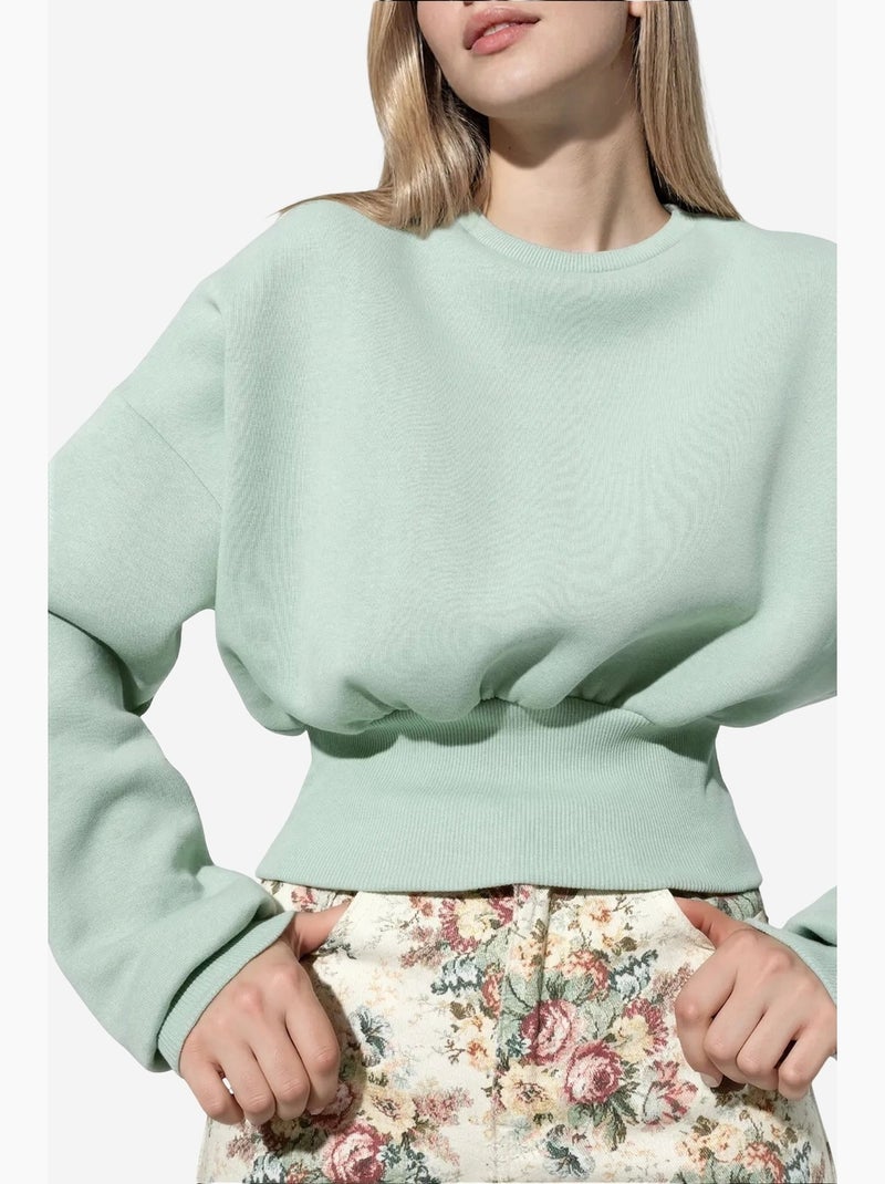 Dames crop sweatshirt met ronde hals busem Muntgroen - Kiabi
