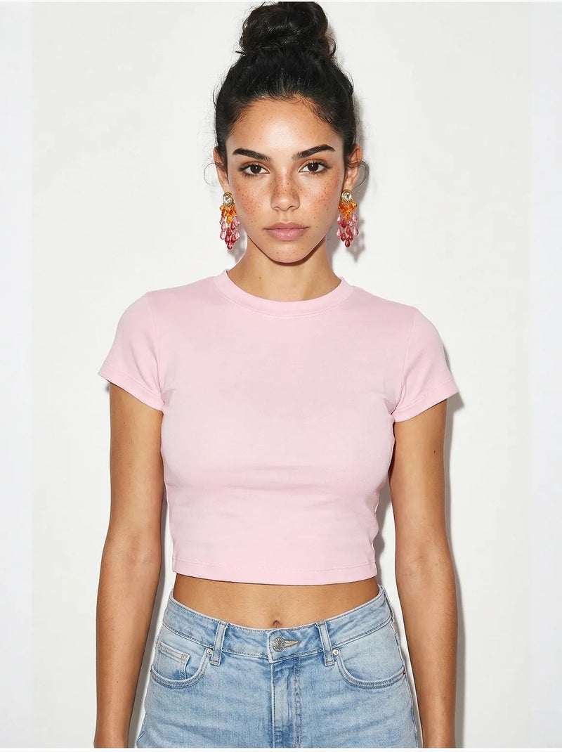 Dames crop top van katoen en lycra, slim fit lucci Lichtroze - Kiabi