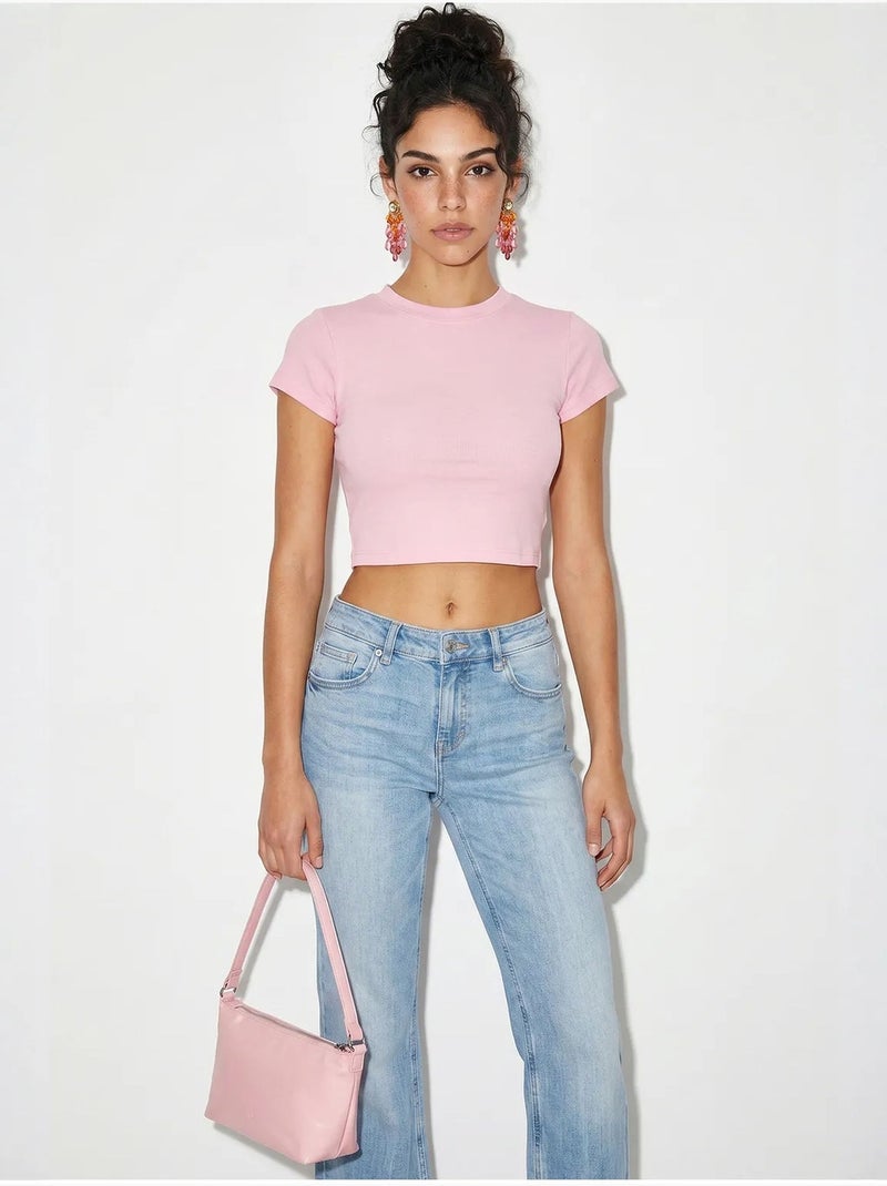 Dames crop top van katoen en lycra, slim fit lucci Lichtroze - Kiabi