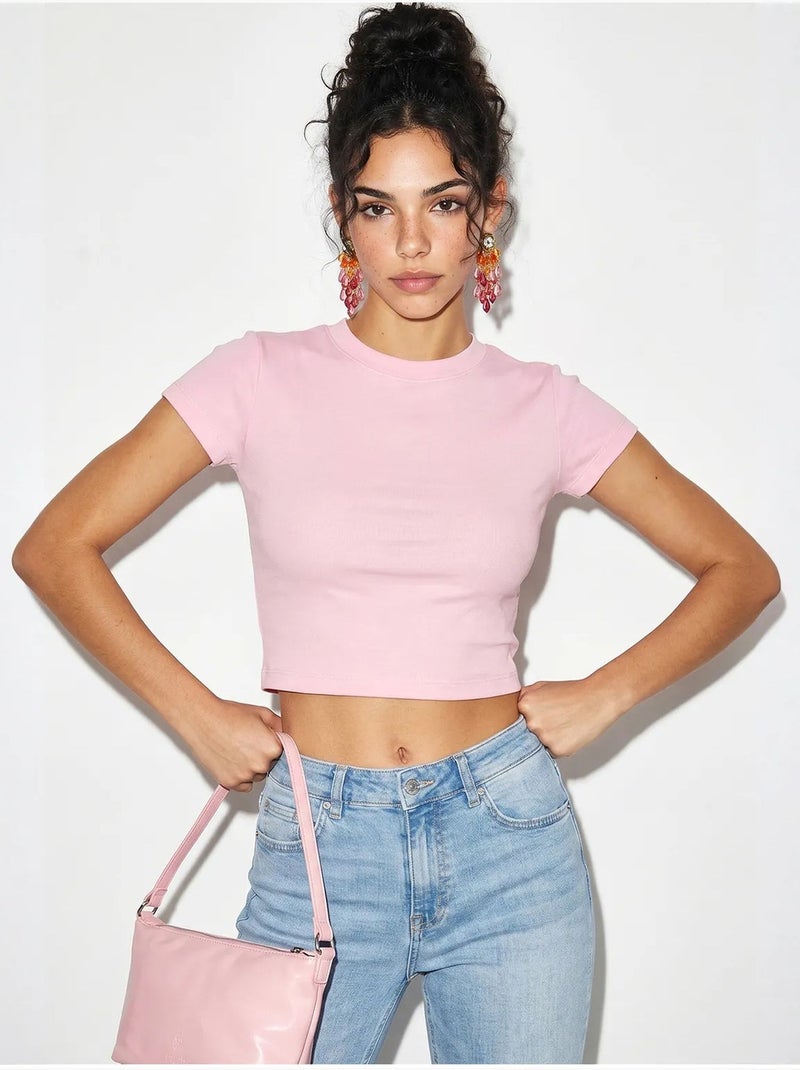 Dames crop top van katoen en lycra, slim fit lucci Lichtroze - Kiabi