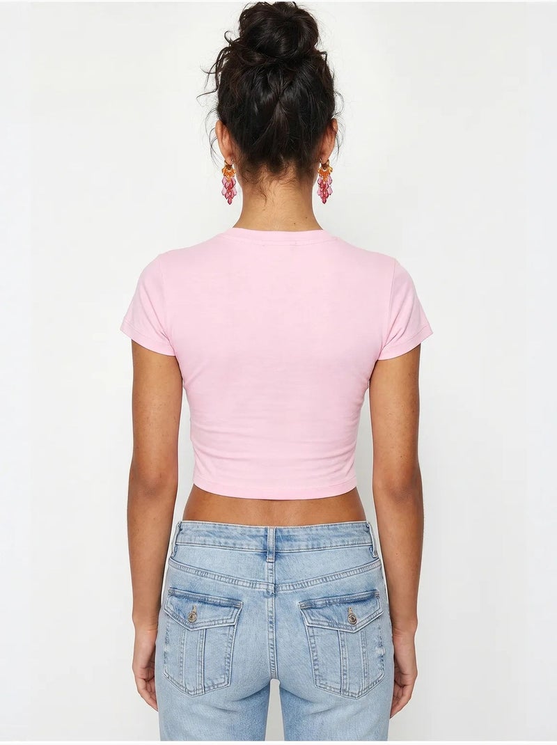 Dames crop top van katoen en lycra, slim fit lucci Lichtroze - Kiabi