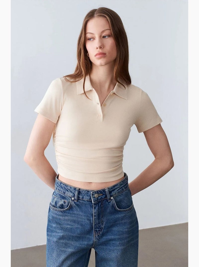 Dames cropped polo-t-shirt met slanke pasvorm dilvin Klei-beige - Kiabi