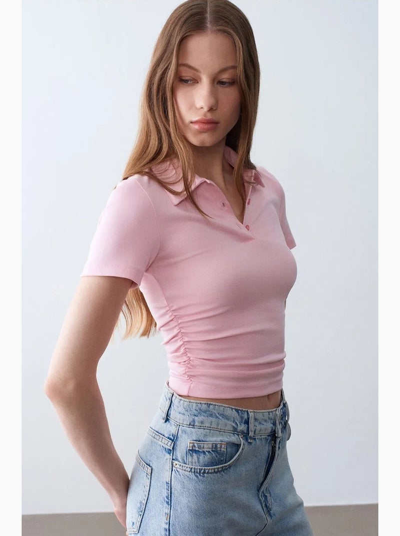 Dames cropped polo-t-shirt met slanke pasvorm dilvin Suikerroze - Kiabi