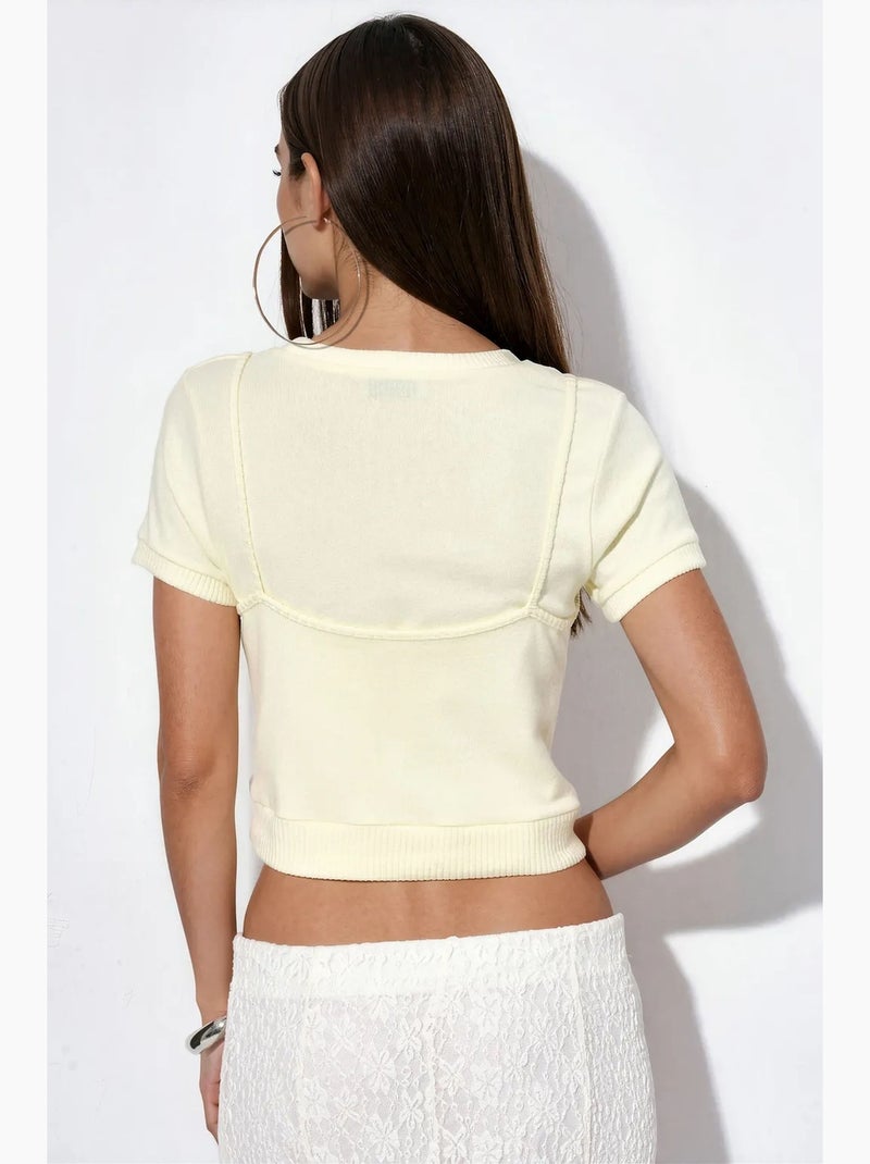Dames cropped top van ribgebreid materiaal busem Crème - Kiabi