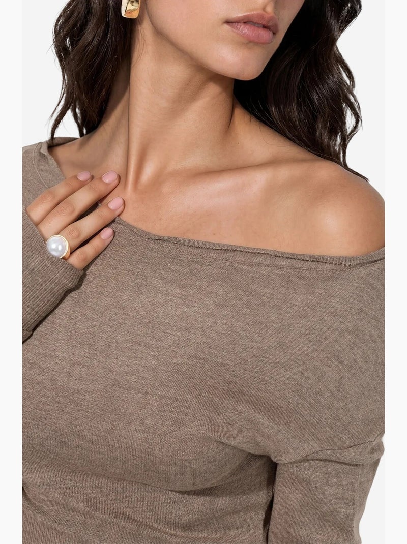 Dames cropped trui met ribstructuur en ronde hals busem Kaki - Kiabi