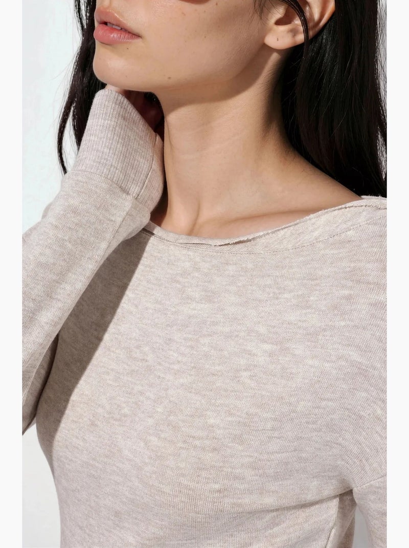 Dames cropped trui met ribstructuur en ronde hals busem Natuurlijk beige - Kiabi