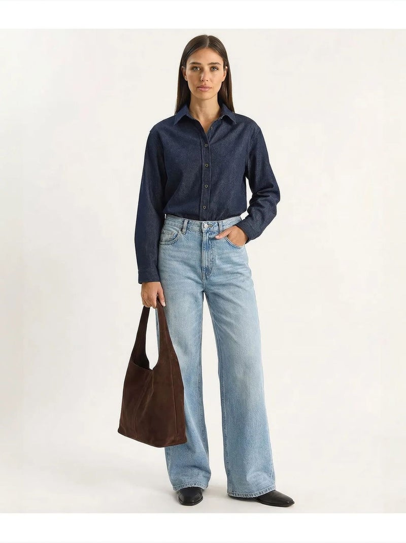 Dames denim overhemd van katoen lucci Ultramarijnblauw - Kiabi