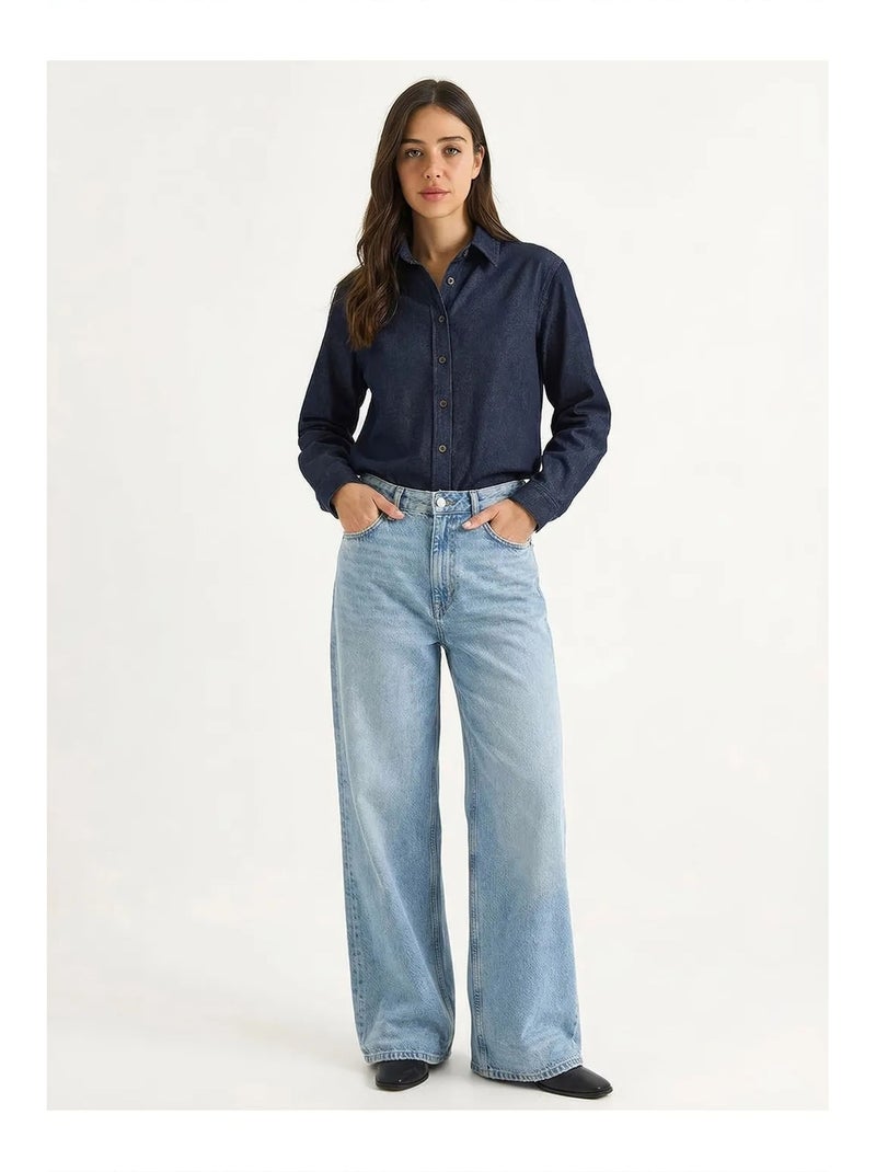 Dames denim overhemd van katoen lucci Ultramarijnblauw - Kiabi