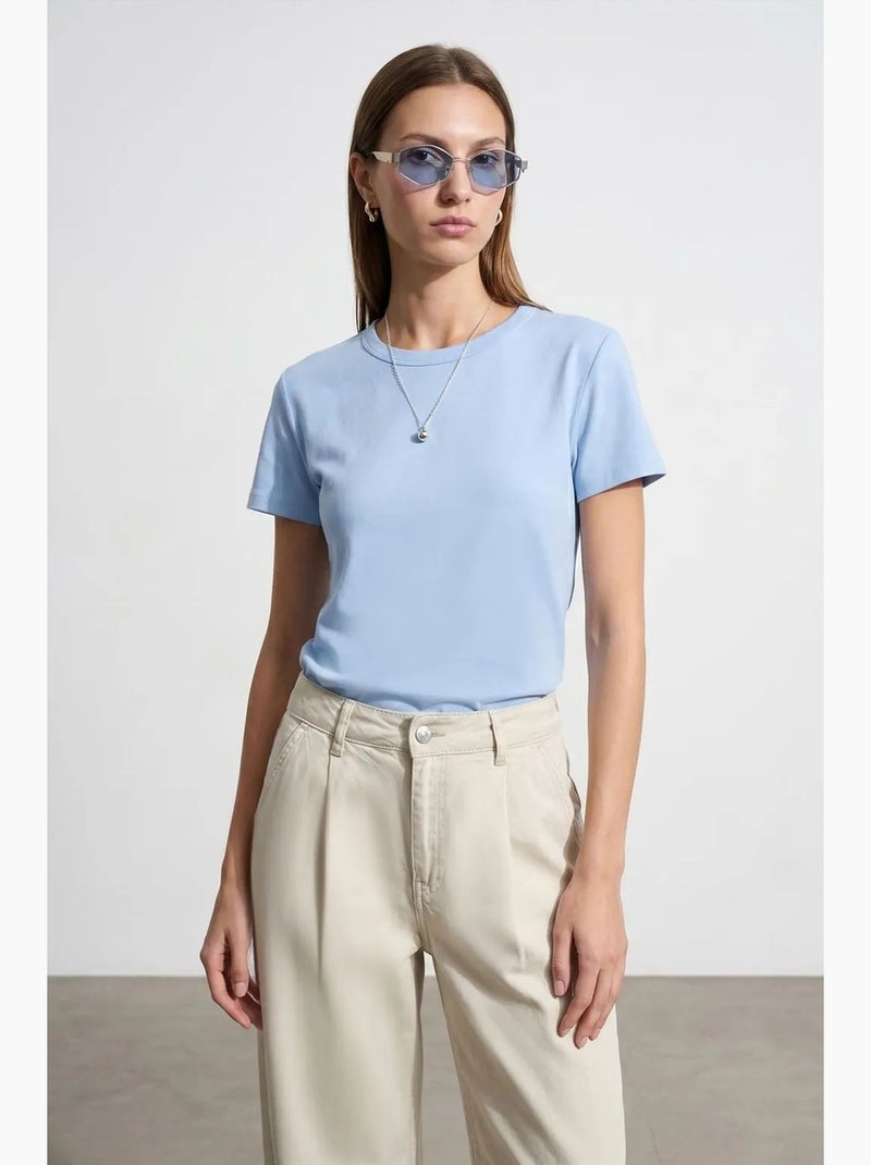 Dames effen t-shirt met ronde hals dilvin Hemelsblauw - Kiabi
