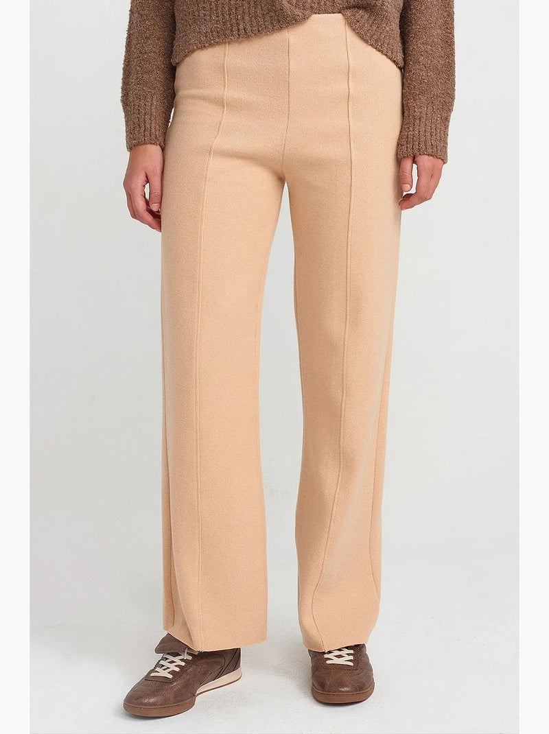 Dames gebreide broek met hoge taille en wijde pijp dilvin Klei-beige - Kiabi