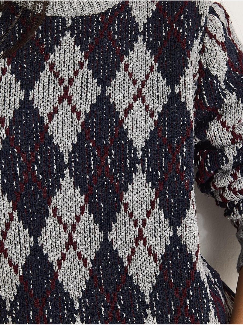 Dames gebreide trui met ronde hals en ruitpatroon lucci Grijs - Kiabi