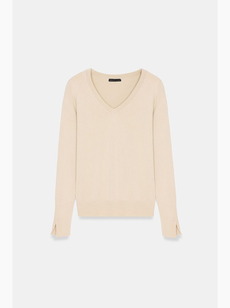 Dames gebreide trui met v-hals en split dilvin Klei-beige - Kiabi