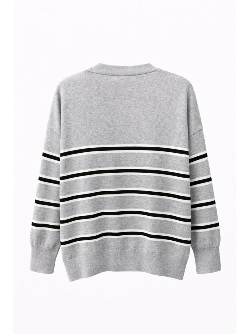 Dames gestreepte v-hals cardigan mixray Grijs Zwart Wit - Kiabi