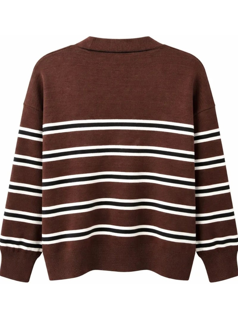 Dames gestreepte v-hals cardigan mixray Hazelnootbruin - Kiabi