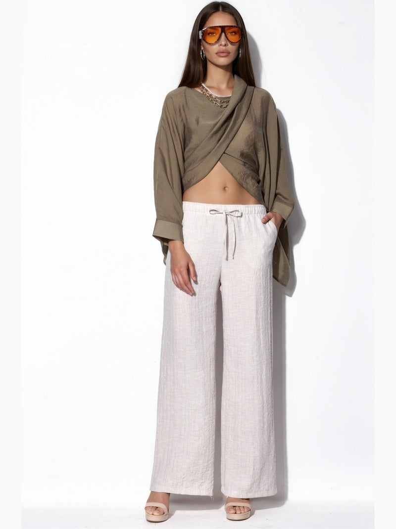 Dames geweven broek met wijde pijpen busem Natuurlijk beige - Kiabi