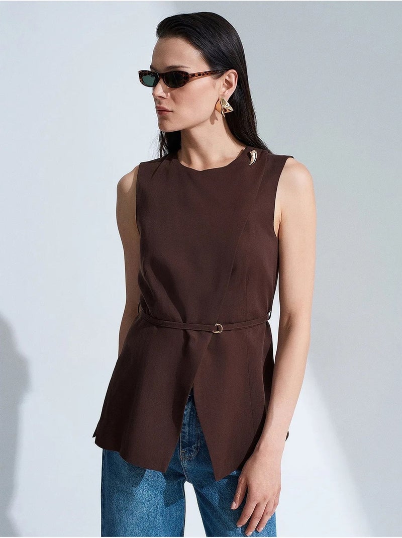 Dames gilet van tencelpopeline met strikceintuur dilvin Bruin - Kiabi
