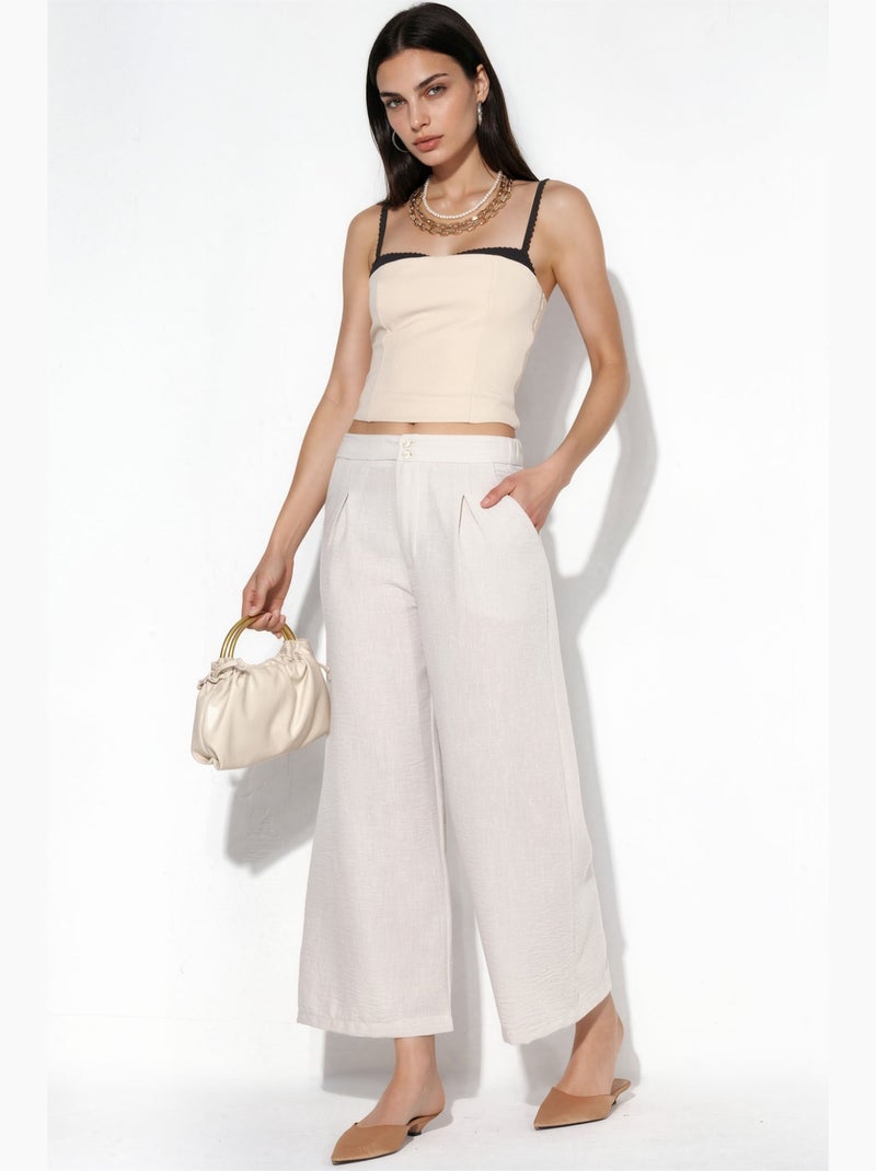 Dames high-waist broek met wijde pijpen busem Gebroken wit - Kiabi