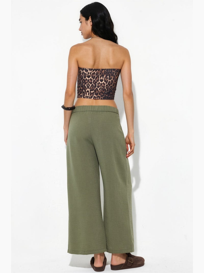 Dames high-waist broek met wijde pijpen busem Kaki - Kiabi