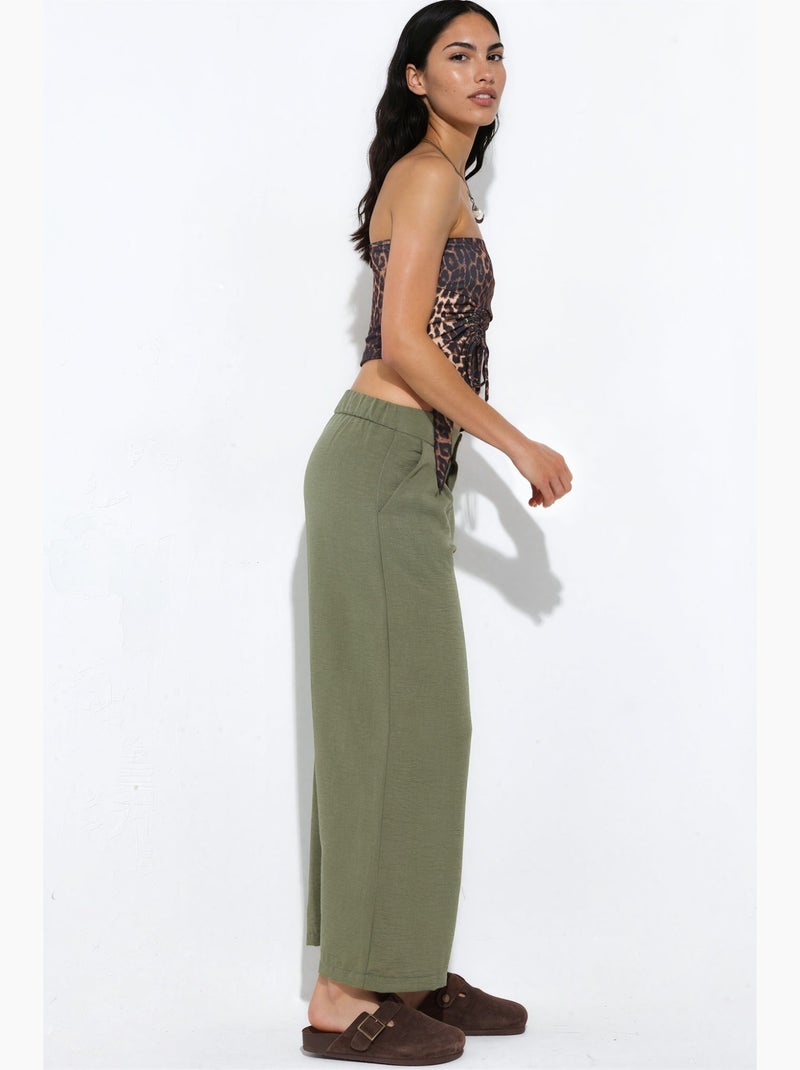 Dames high-waist broek met wijde pijpen busem Kaki - Kiabi