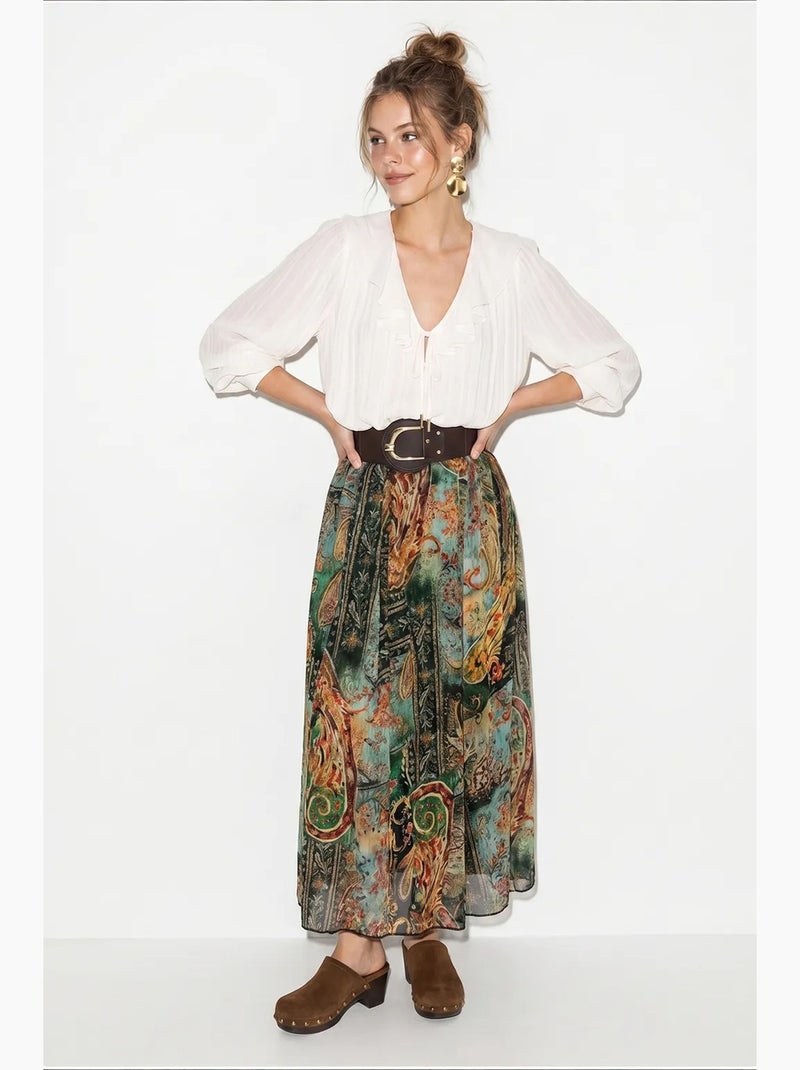 Dames hoog getailleerde paisley maxi rok lucci Groen - Kiabi