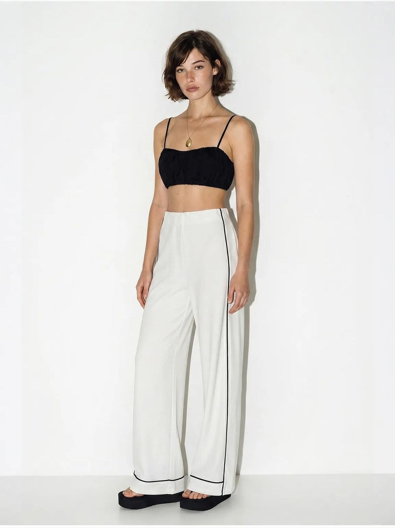 Dames jersey broek met hoge taille en wijde pijp lucci Gebroken wit - Kiabi