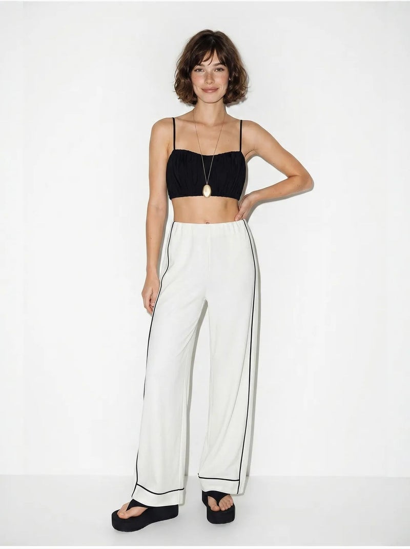Dames jersey broek met hoge taille en wijde pijp lucci Gebroken wit - Kiabi