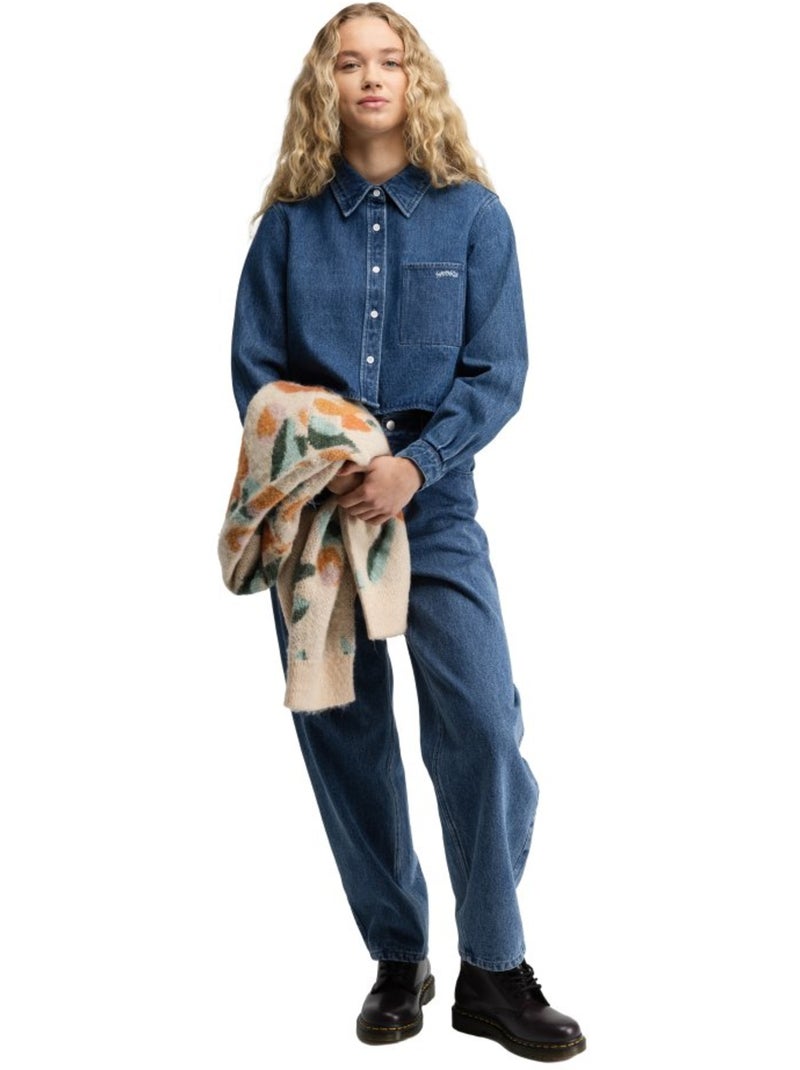 Dames kort denim overhemd Blauw - Kiabi