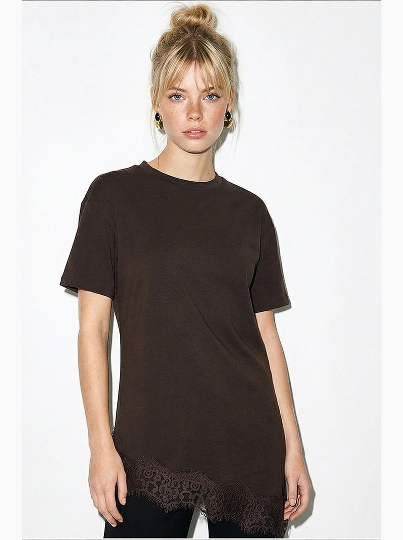 Dames lang losvallend t-shirt met ronde hals lucci Chocoladebruin - Kiabi