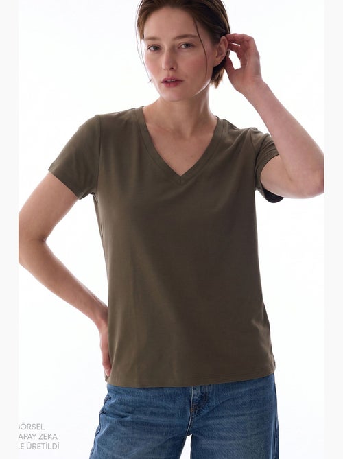 Dames modal t-shirt met v-hals penti - Kiabi