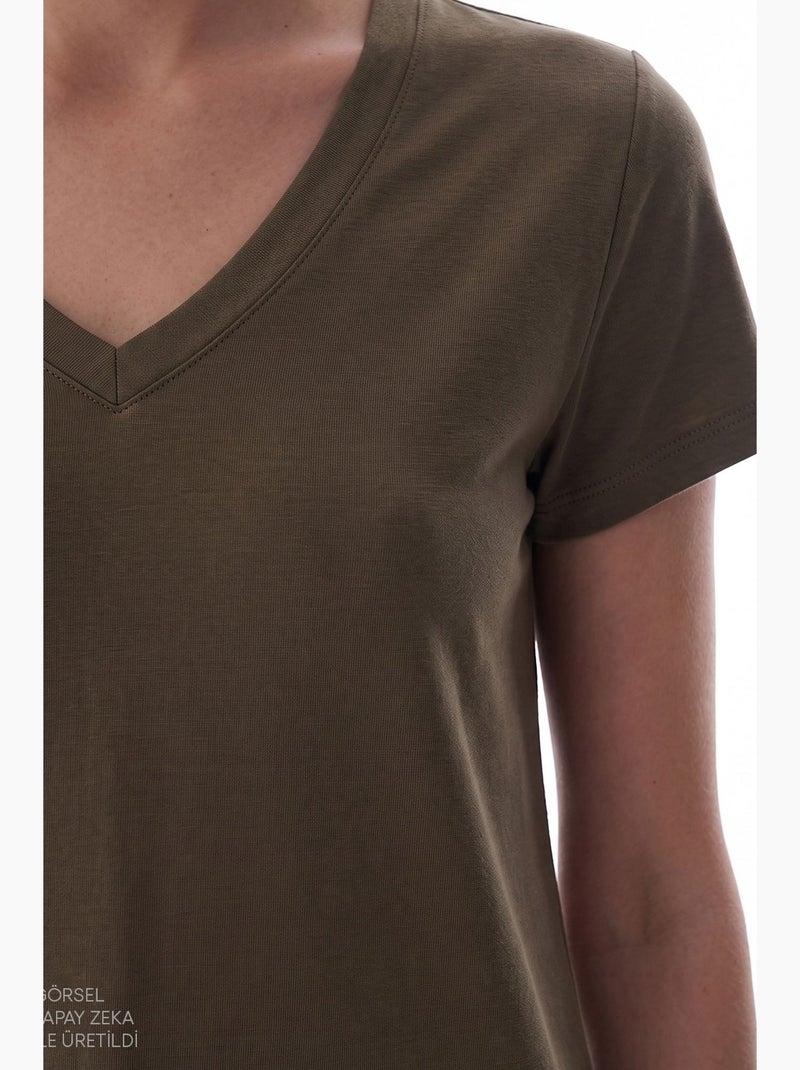 Dames modal t-shirt met v-hals penti Kaki - Kiabi