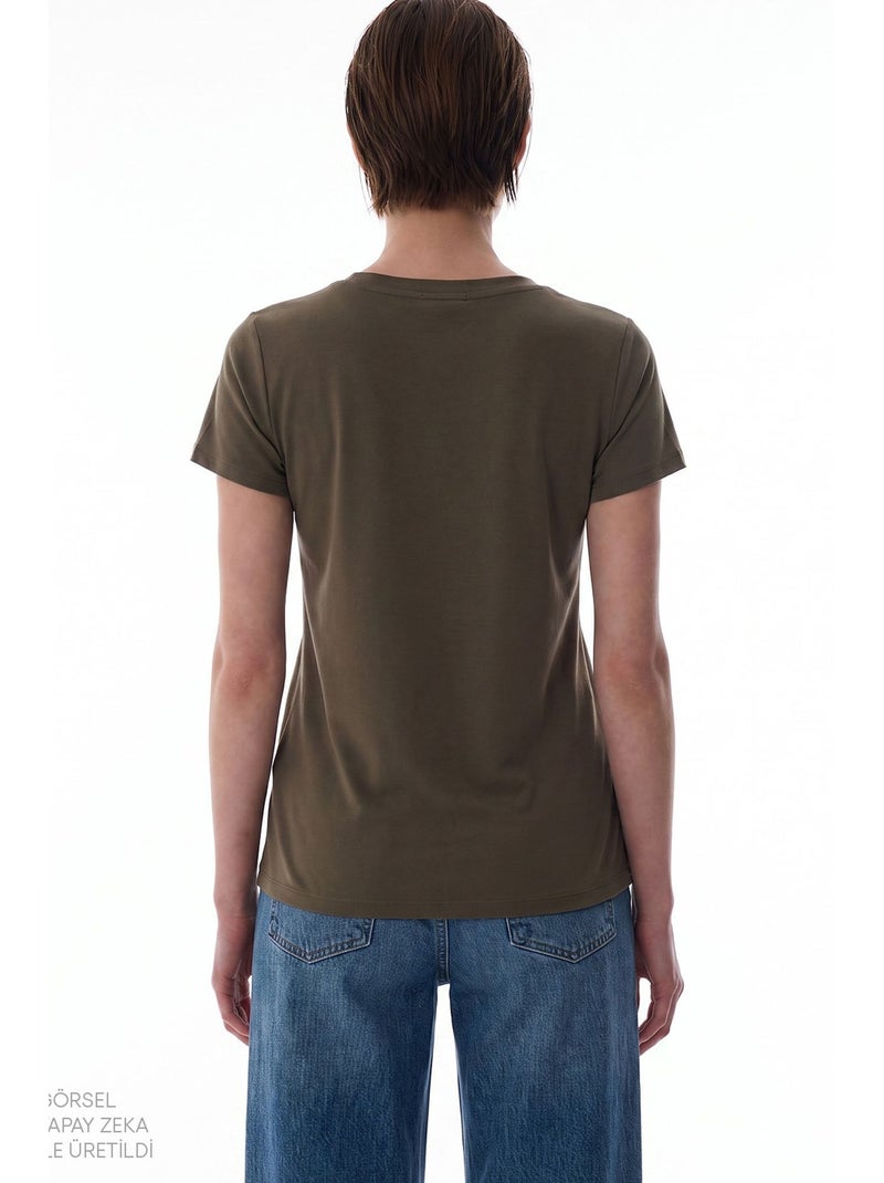 Dames modal t-shirt met v-hals penti Kaki - Kiabi