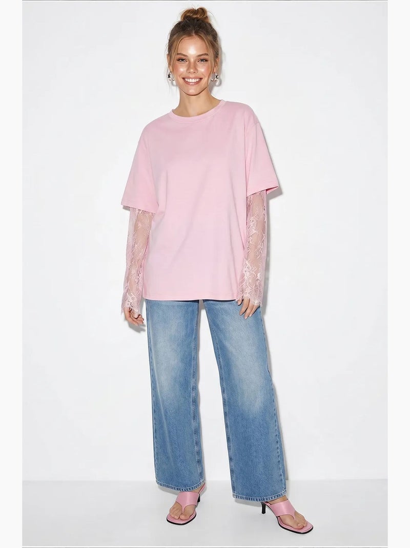 Dames oversized t-shirt met ronde hals lucci Suikerroze - Kiabi