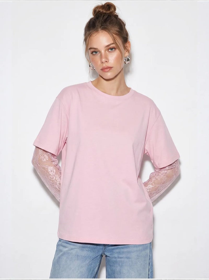 Dames oversized t-shirt met ronde hals lucci Suikerroze - Kiabi
