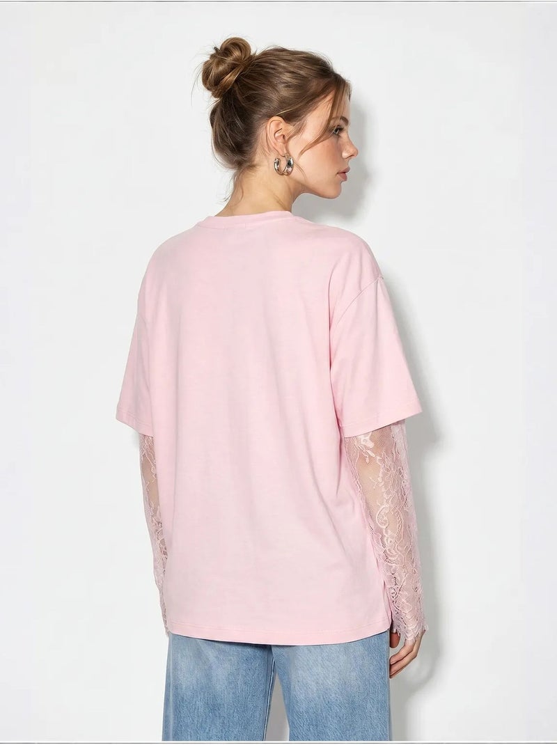 Dames oversized t-shirt met ronde hals lucci Suikerroze - Kiabi
