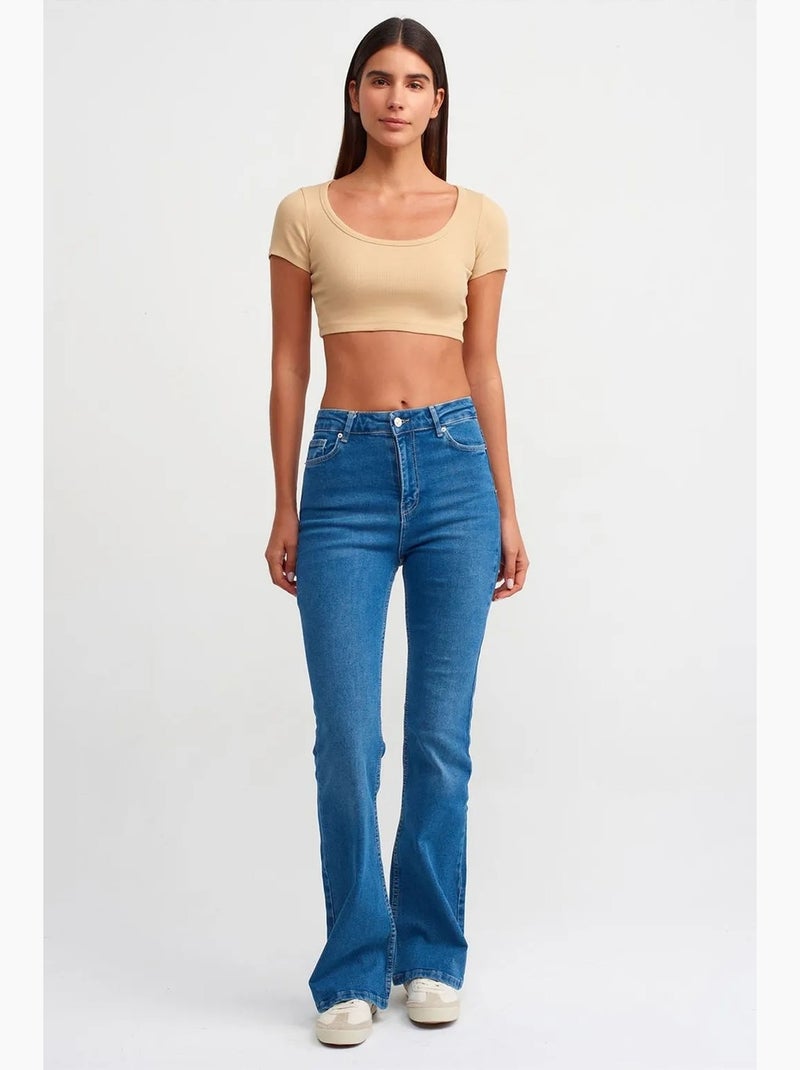 Dames ribgebreid cropped t-shirt dilvin Lichtbeige - Kiabi