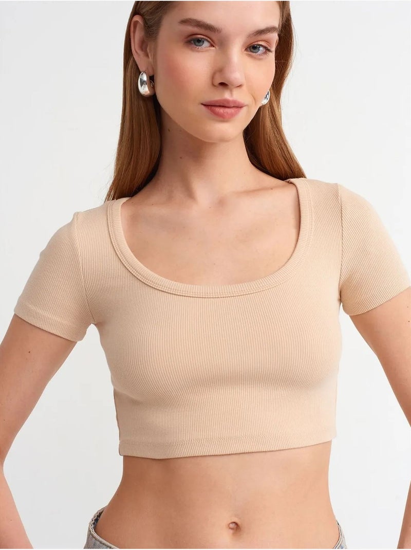 Dames ribgebreid cropped t-shirt dilvin Natuurlijk beige - Kiabi