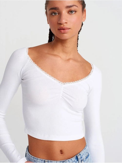 Dames ribgebreid cropped t-shirt dilvin - Kiabi Dames ribgebreid cropped t-shirt dilvin - Kiabi
