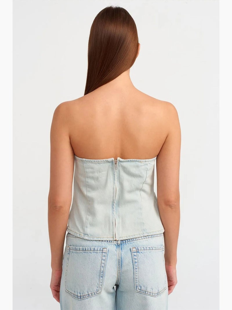 Dames strapless cropped denim top dilvin Lichtblauw - Kiabi