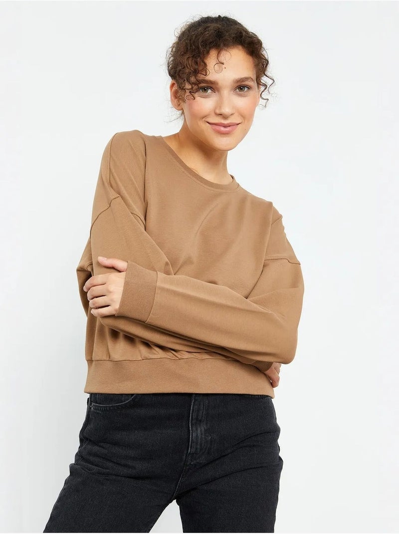 Dames sweatshirt met ronde hals, relaxed tommy Camel - Kiabi