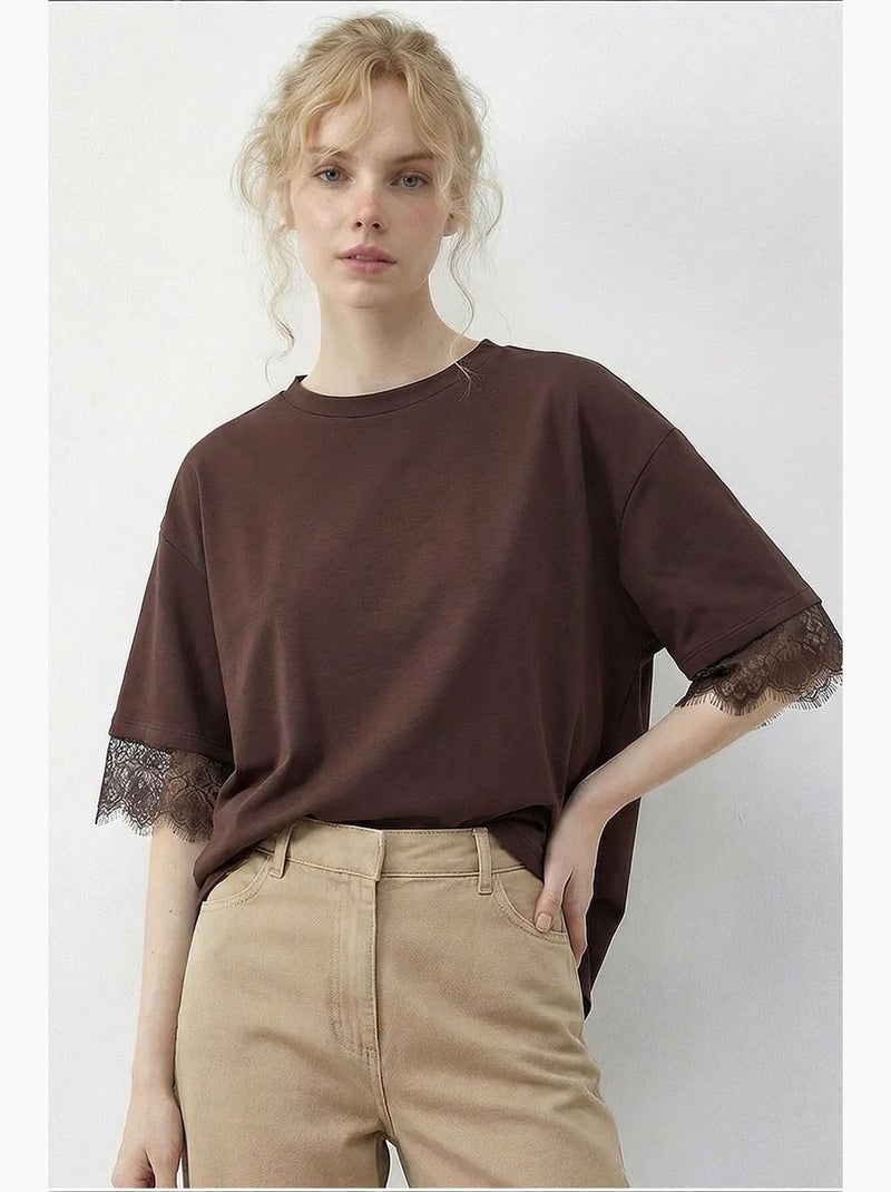 Dames t-shirt met kant en ronde hals lucci Chocoladebruin - Kiabi
