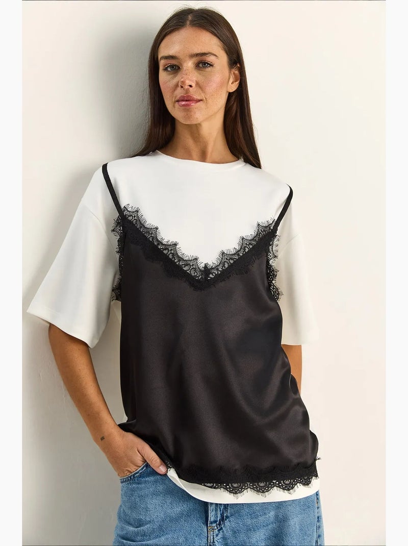 Dames t-shirt met kant en ronde hals lucci Wit - Kiabi